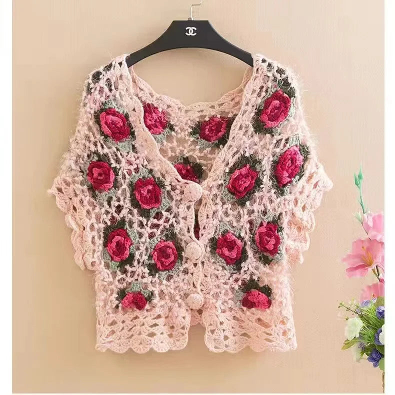 Three-Dimensional Flower Openwork Crocheted Sweater Cardigan Women's Spring And Autumn New Heavy Industry Joker Sweater 3XL Coat - Matrix Studios