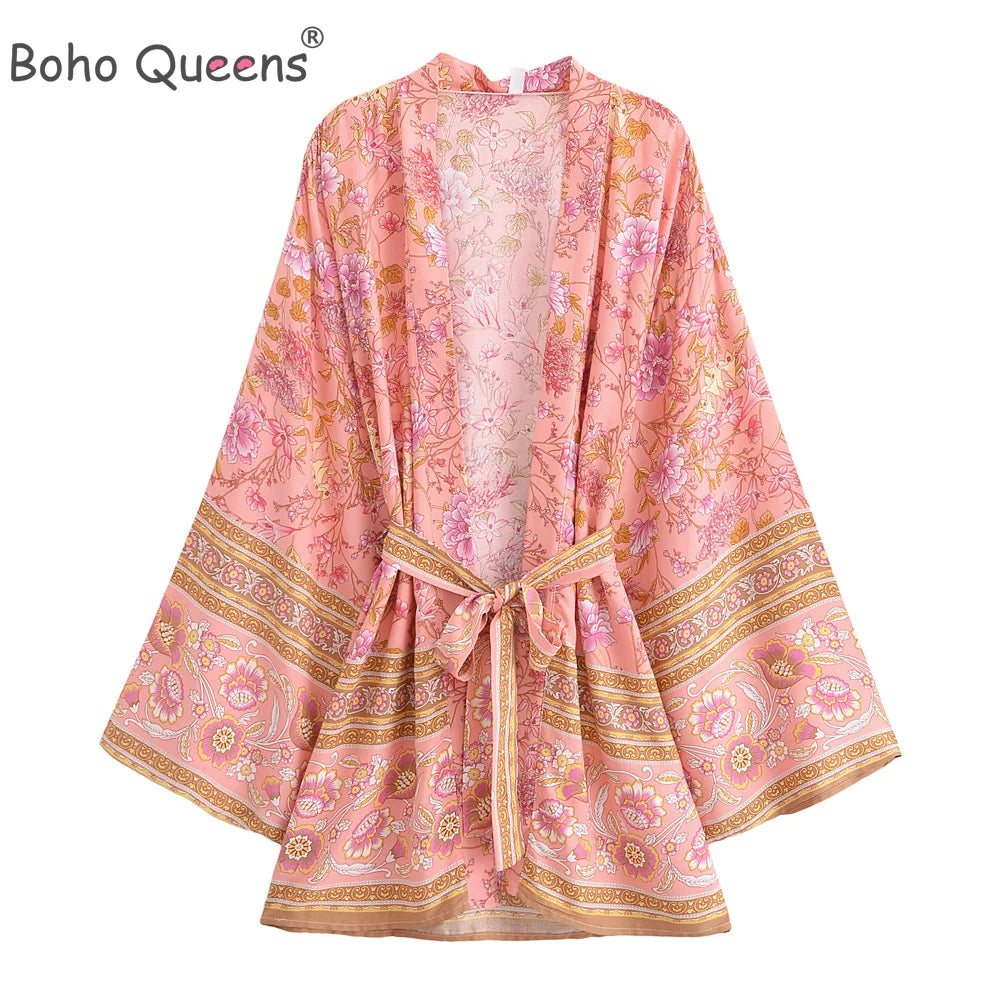 Boho Queens Multi Floral Print Sashes Short Kimono Women Bohemian V Neck Batwing Sleeves Rayon Robe Beach Bikini Cover-up - Matrix Studios
