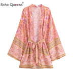 Boho Queens Multi Floral Print Sashes Short Kimono Women Bohemian V Neck Batwing Sleeves Rayon Robe Beach Bikini Cover-up - Matrix Studios