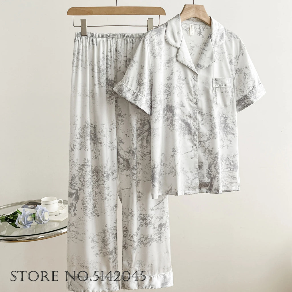 Fashion Print Flower 2PCS Pajamas Set Women Sleepwear Spring Summer Trouser Suits Lounge Wear Loose Satin Homewear Pijamas Suit - Matrix-studios.com