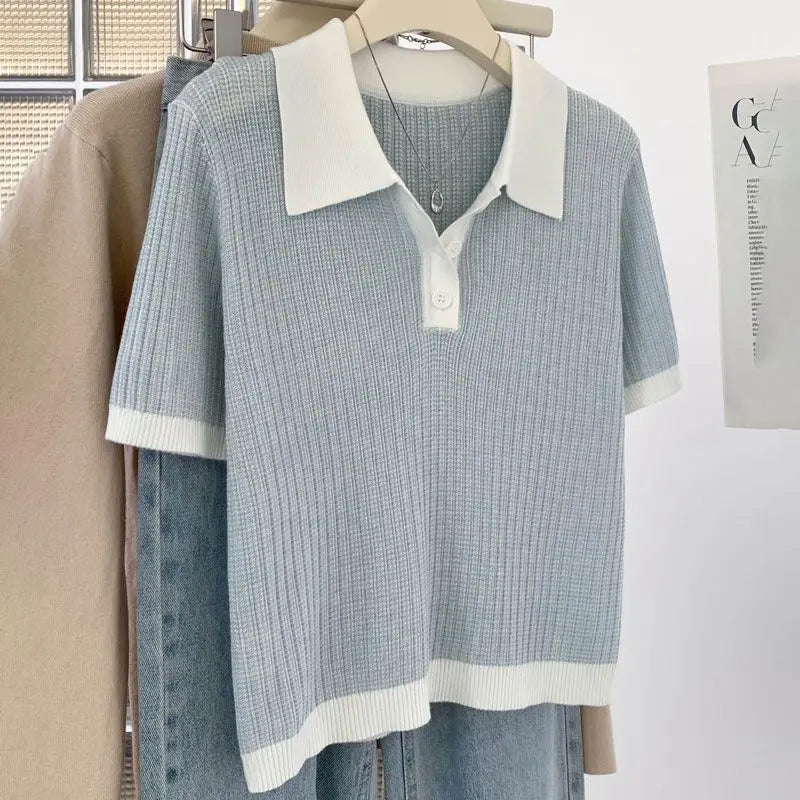 Women's Clothing Blue Polo Thin Style T-shirt Summer Button Casual  Short Sleeve Tee Office Lady Turn-down Collar Versatile Tops