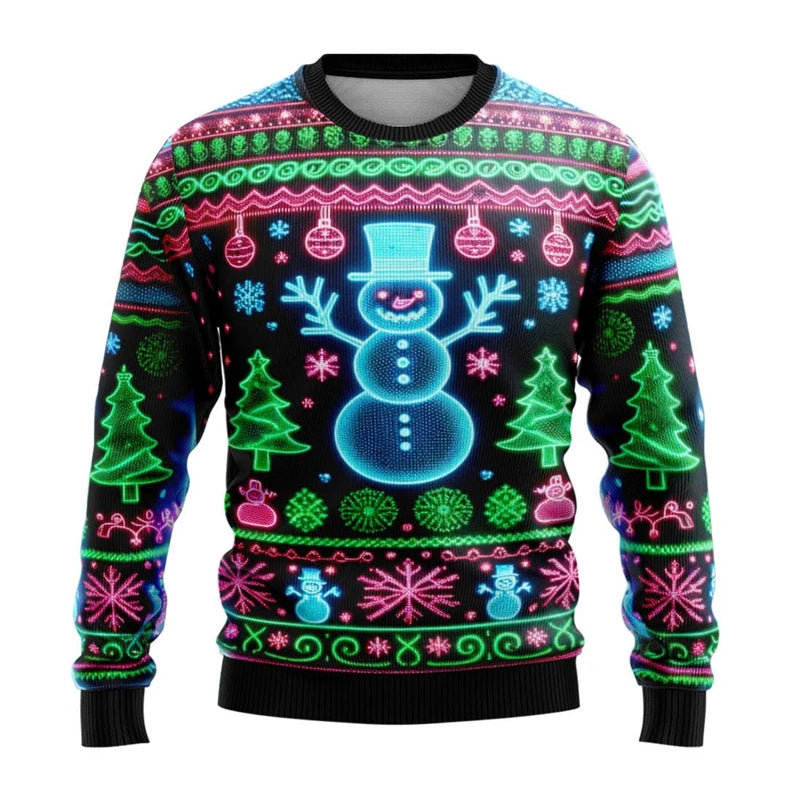 Neon Snowman Graphic Sweatshirts 2025 Merry Christmas 3D Printed Ugly Sweater For Women Clothing Snowflake Gifts Boy Tracksuit - Matrix Studios