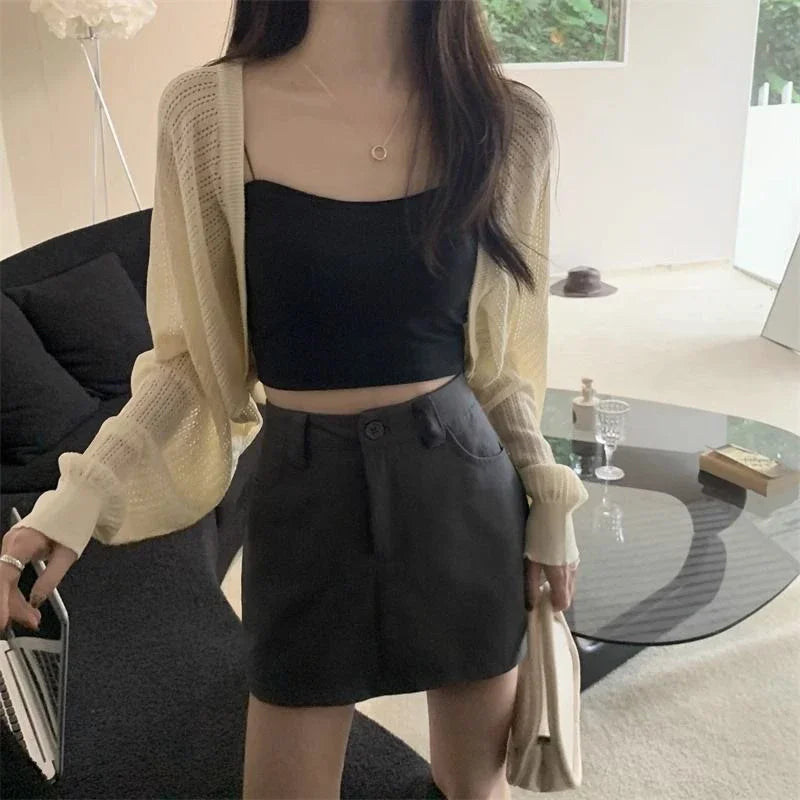 Fashion Hollow Out Sunscreen Cardigan Women Lantern Sleeve Thin Short Knitted Cardigans Woman Elegant Simple Crop Smock Top - Matrix Studios