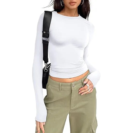 1pcs Four Seasons Fashion Senior Women T-shirt Long Sleeve Crew Neck Solid Slim Fit Tee Ladies Crop Top  Daily Streetwear Camis - Matrix-studios.com