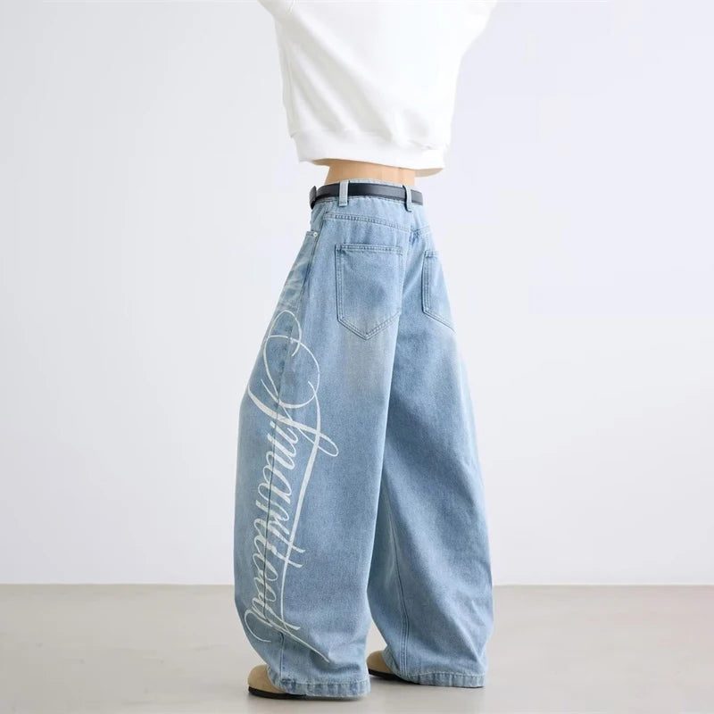 Autumn Men's Letter Printed Straight-Leg Baggy Jeans Hip Hop Fashion Washed Denim Pantalones American Retro Y2K Streetwear Jean - Matrix Studios