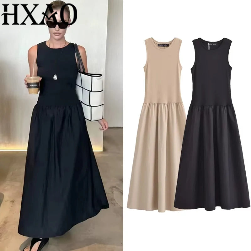 HXAO Women's Black Long Dresses 2025 Spring Sleeveless Elegant Dresses Fashion Casual Vintage Party Khaki Dresses Vestidos - Matrix-studios.com