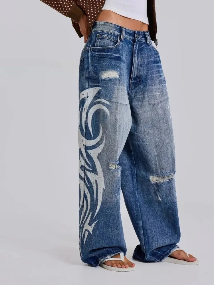 Deeptown Vintage Y2k Ripped Jeans Women Harajuku Print Blue Baggy Distressed Denim Trousers Hip Hop Grunge Streetwear Wide Jeans - Matrix-studios.com
