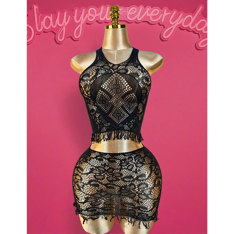 1 Set  Sexy Women Fishnet Cover Ups Hollow Out Bodycon Women's Swimwear See through Tassel Dress without Bikini Beachwear DS041 - Matrix Studios