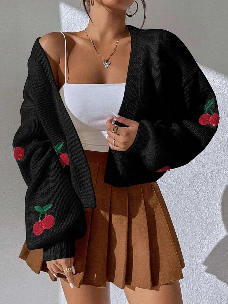Fashionable Low Shoulder Cherry Embroidery Pattern Cardigan Commuter Sweater Women's Loose Jacket Knitted Sweater - Matrix Studios