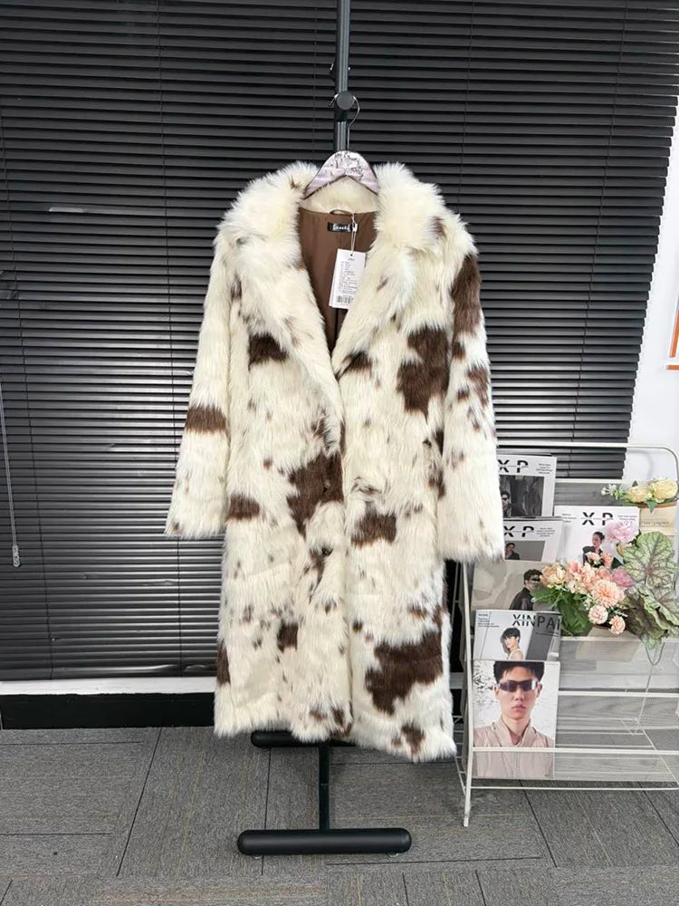 DEAT Fashion Tie Dye Faux Fur Coat Women's Lapel Loose Long Sleeves Plush Thick Overcoat Winter New 7A1355 - Matrix Studios