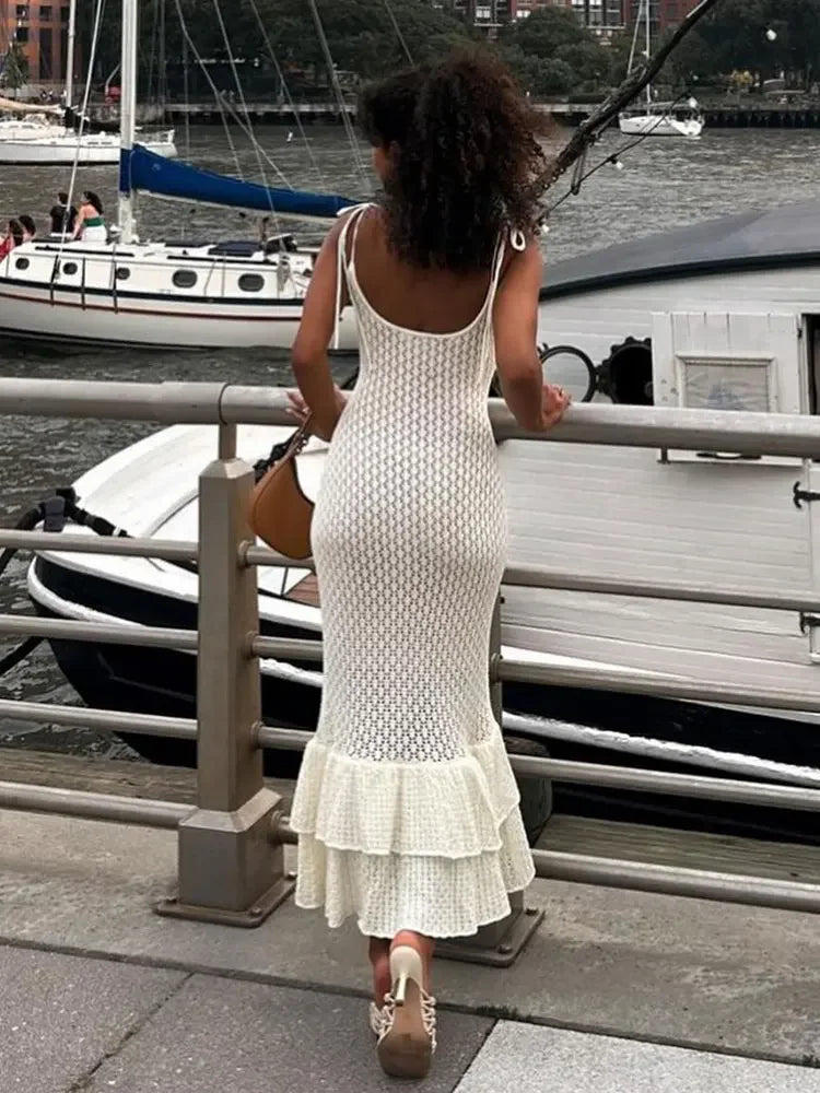 Sexy Spaghetti Ruffle Knit Beach Wrap Dress 2026 Summer Holiday Woman Swimsuits Swimwear Cover Up Chic Slim Party Outfits A2898 - Matrix Studios
