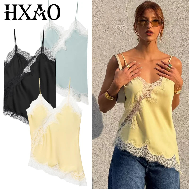 HXAO 2025 Woman Asymmetrical Slip Top Women Sexy Black Yellow Blue Top Lace Tanks & Camis Chic Y2K Sleeveless Backless Camisole - Matrix-studios.com