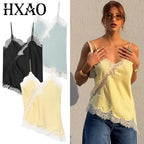 HXAO 2025 Woman Asymmetrical Slip Top Women Sexy Black Yellow Blue Top Lace Tanks & Camis Chic Y2K Sleeveless Backless Camisole - Matrix-studios.com