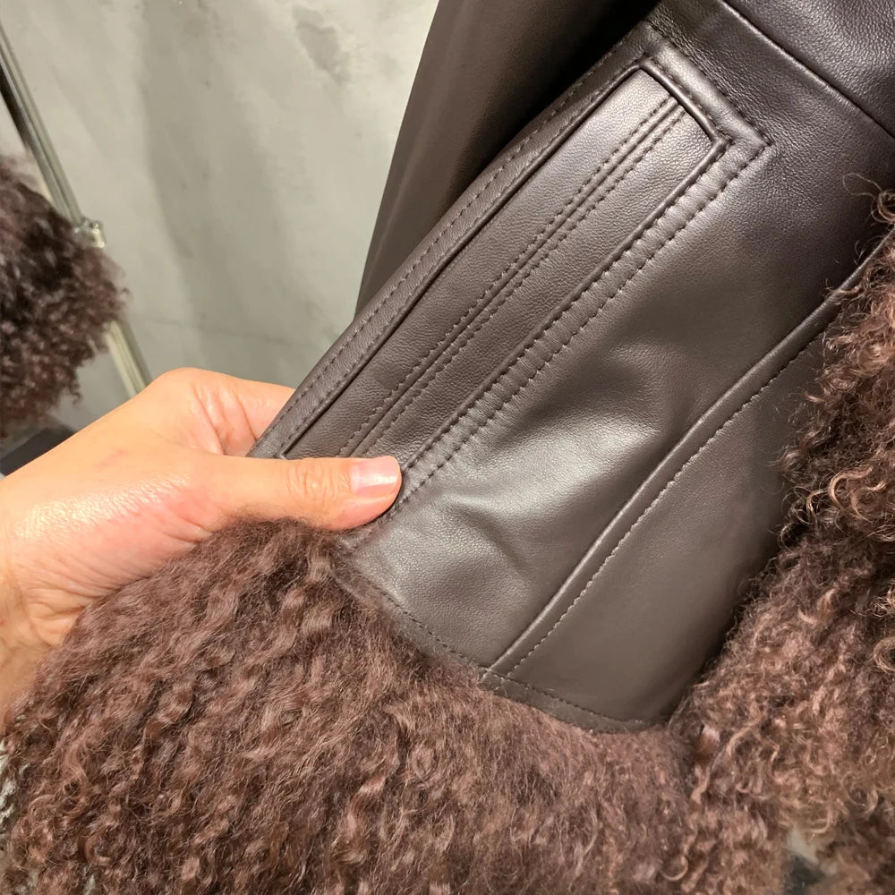 Sheep Collar Coats Women Winter Luxury Mongolian Fur Leather Jackets with Long Sleeve 7251 - Matrix Studios