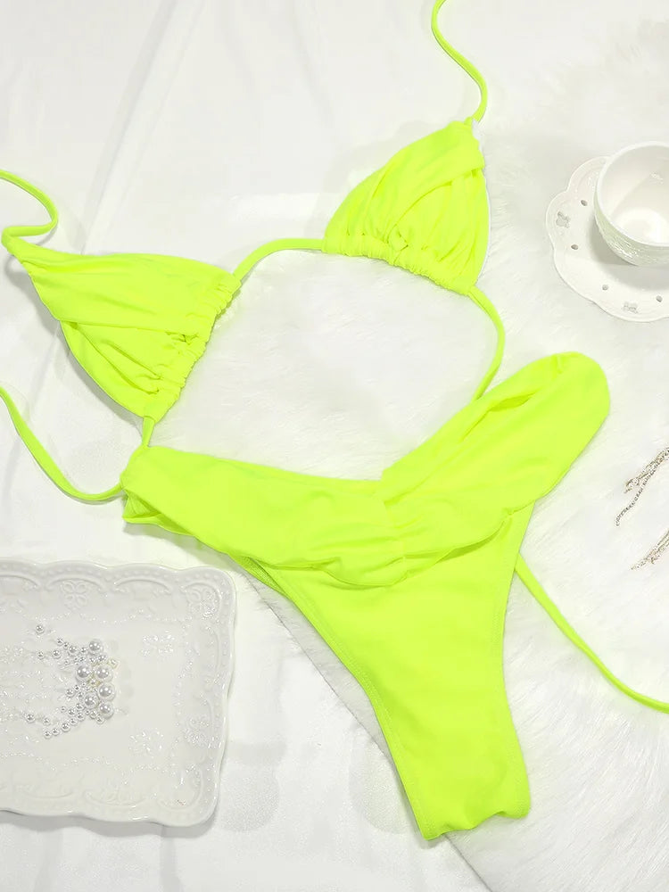 Sexy Folds Bikini Set Solid Micro Bikinis Women Swimsuit Female Triangle Swimwear Beach Wear Bathing Suit - Matrix-studios.com
