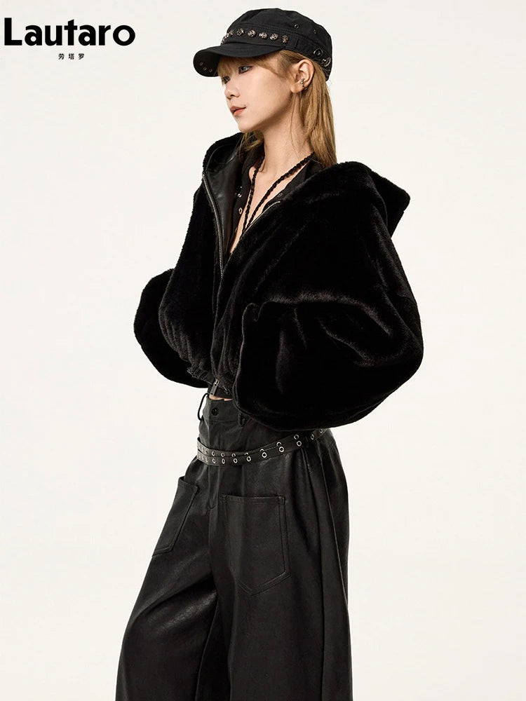 Lautaro Spring Autumn Cool Warm Thick Oversized Black Short Reversible Soft Pu Leather Jacket Hoodie Women with Faux Fur Inside - Matrix Studios