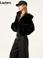 Lautaro Spring Autumn Cool Warm Thick Oversized Black Short Reversible Soft Pu Leather Jacket Hoodie Women with Faux Fur Inside - Matrix Studios