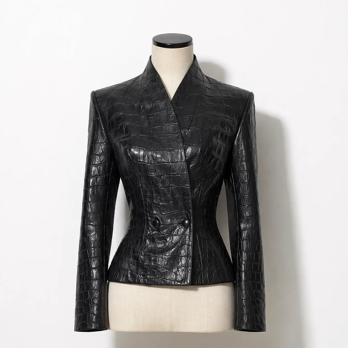 IG 2026 New Women's Gothic Faux Leather Embossed Fitted Leather Blazer Structured Shoulder Lace Cuff Casual Black Blazers - Matrix Studios
