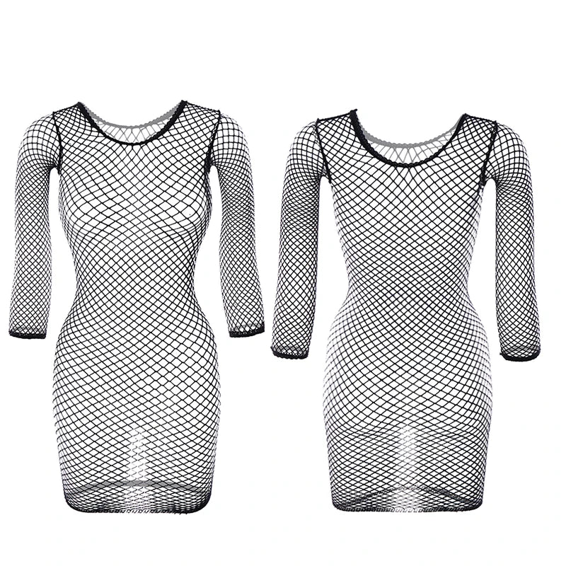 1PC Women Sexy Fishnet Beach Cover Up Long Sleeves Hollow Out Bodycon Dress See Through Summer Swimwear - Matrix Studios