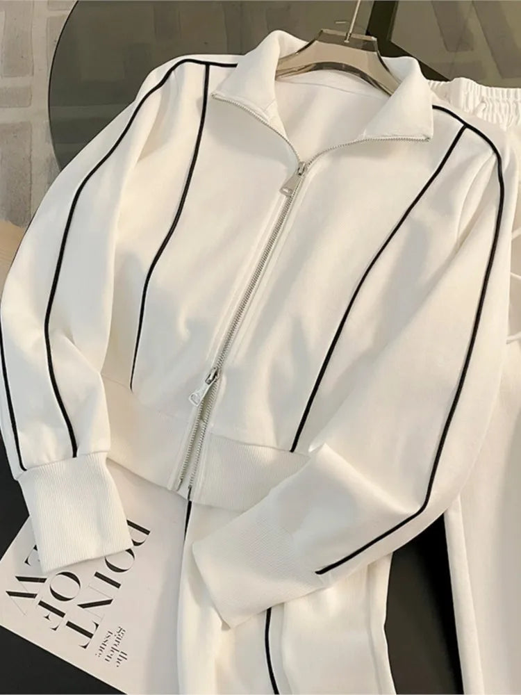 Woman's Color Blocking Sportswear Set Spring Autumn Fashion Flip Collar Zipper Coat Long Pants Two-piece Set Lady Leisure Outfit - Matrix-studios.com