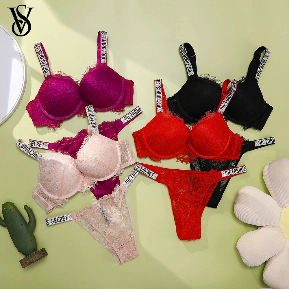 New Women's Sexy Bra and Panty Set Comfortable Push Up Shapewear Adjustable Padded Gathered V Lace Lingerie Set - Matrix-studios.com