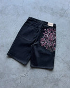 Men Dark Wash Denim Shorts Back Pocket Cherry Blossom Embroidered Loose Fit Knee Length Vintage Streetwear Casual Summer Wear - Matrix Studios