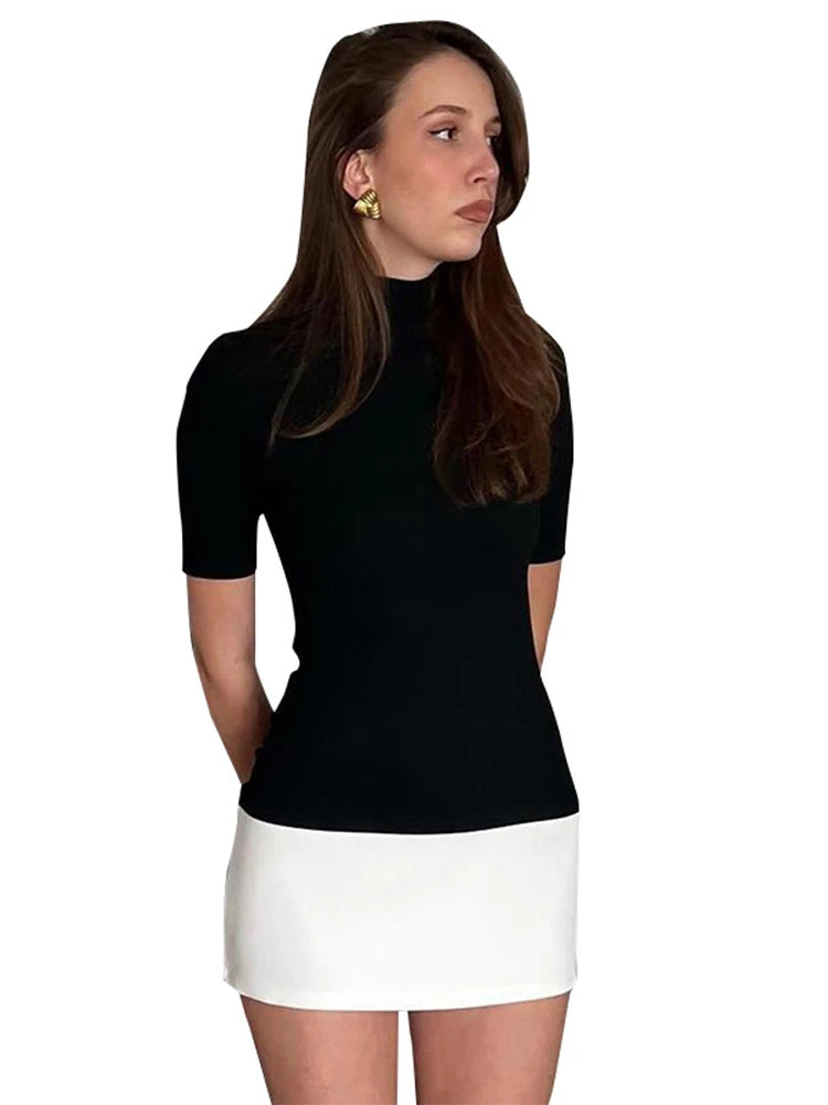 Summer 2025 Turtleneck Half Sleeve Mini Dresses French Style Fashion Elegant Black And White Patchwork Bodycon Dress - Matrix-studios.com