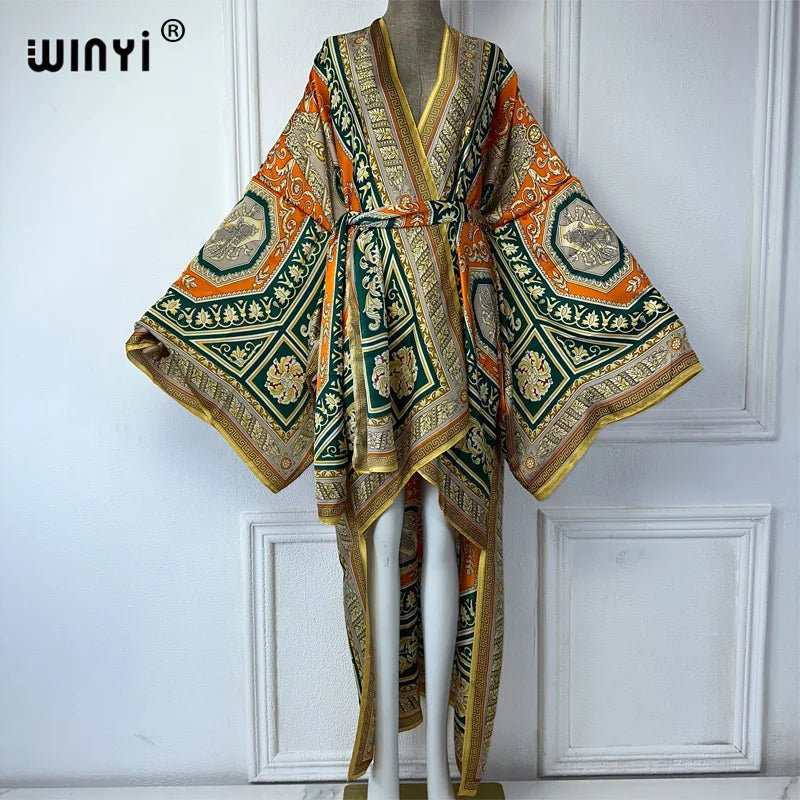 WINYI Summer Beach Wear Cover Up Lady Boho Cardigan Printing Elegant Silky and Skin-Friendly Sexy Holiday Kimono Maxi Dress - Matrix Studios