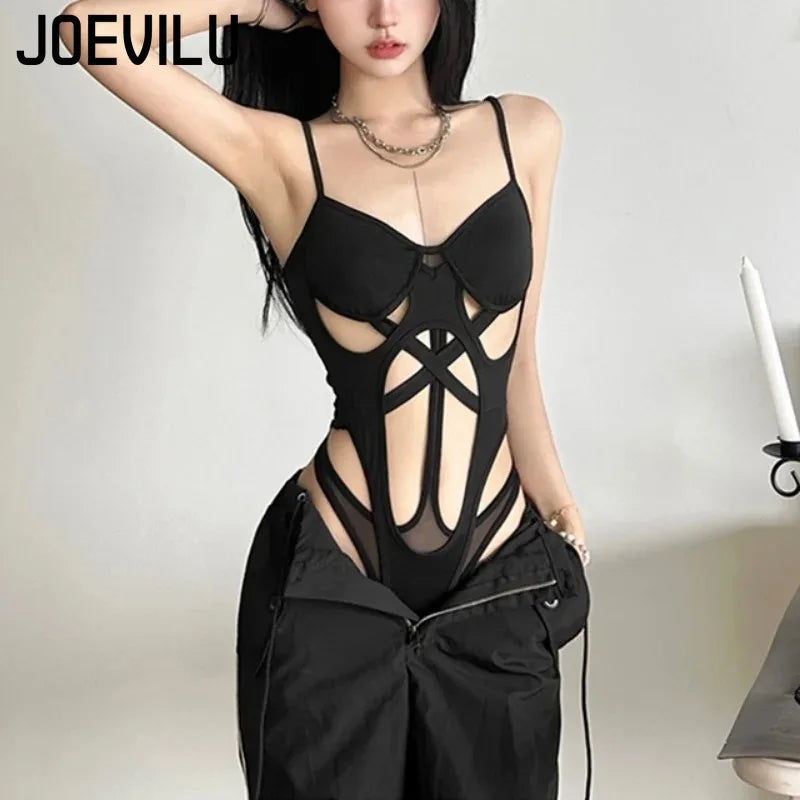 Y2K Black Bodysuit Women Hollow Out Sexy Sleeveless Tops Spaghetti Strap Streetwear Bodycon Jumpsuit Festival Aesthetic Clothes - Matrix-studios.com