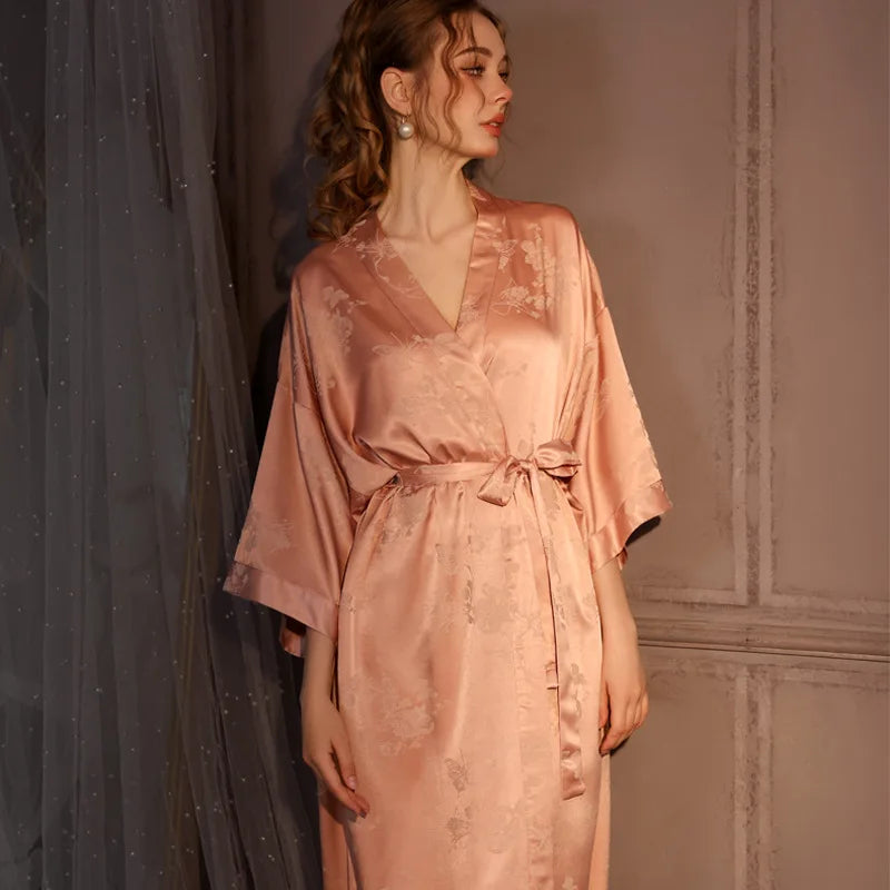 Luxury Jacquard Long Robe Nightgown Women Half Sleeve Kimono Bathrobe Gown Satin Ice Silk Sleepwear Sexy Home Dress Lounge Wear - Matrix-studios.com