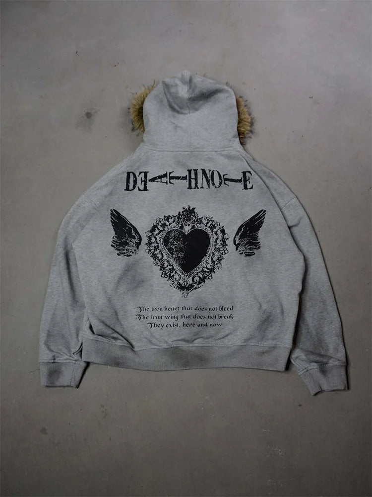 Winter Fashion Streetwear Women's Gothic Printed Faux Fur Hooded Jacket Trendy Edgy Zip - Up Sweatshirt 2026 New Arrival - Matrix Studios