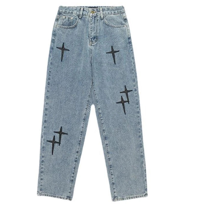 Boyfriend Vintage Fashion Straight Casual Loose Denim Cargo Pants Men Designer Prints Star Jeans Streetwear Loose Wide Leg Jeans - Matrix Studios