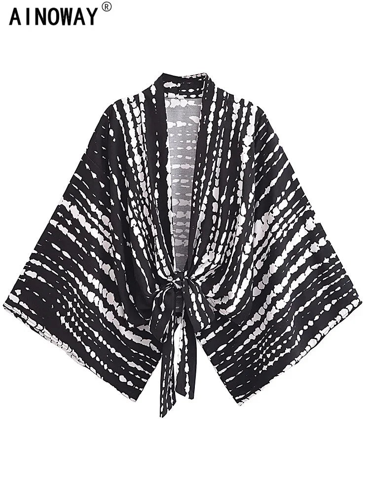 Vintage Boho Kimono Short Robe Swimsuits Women Fashion Black Floral Print Batwing Sleeves Bohemian Bikini Cover Ups Beachwear - Matrix Studios