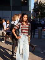 Summer Ladies Polo Shirts Woman Shorts Short Sleeve Brown Striped Vintage Clothes Polo Shirts Mujer Streetwear Crop Tops Casual - Matrix-studios.com