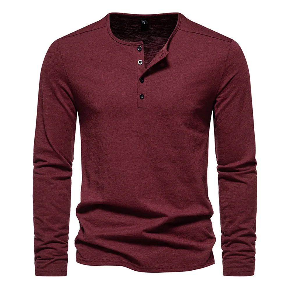 Men Long Sleeved T-shirt Cotton Slim Fit Bottoming Shirt Fitness Tops Tees Button Neck Casual Cozy Tshirt - Matrix Studios