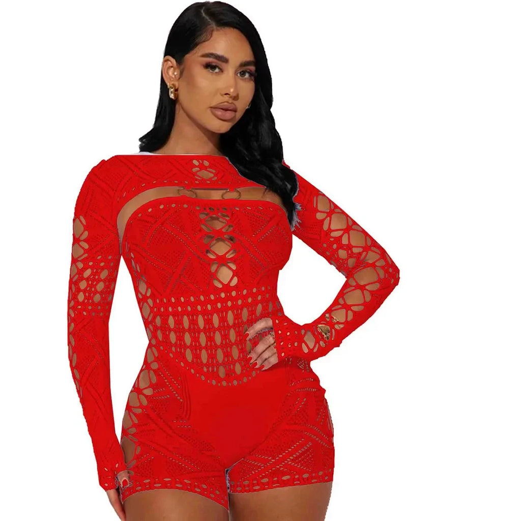 Women's Sexy Long Sleeve Jumpsuit See Through Outfit Sheer Mesh Hollow Out Night Club Short Romper - Matrix Studios