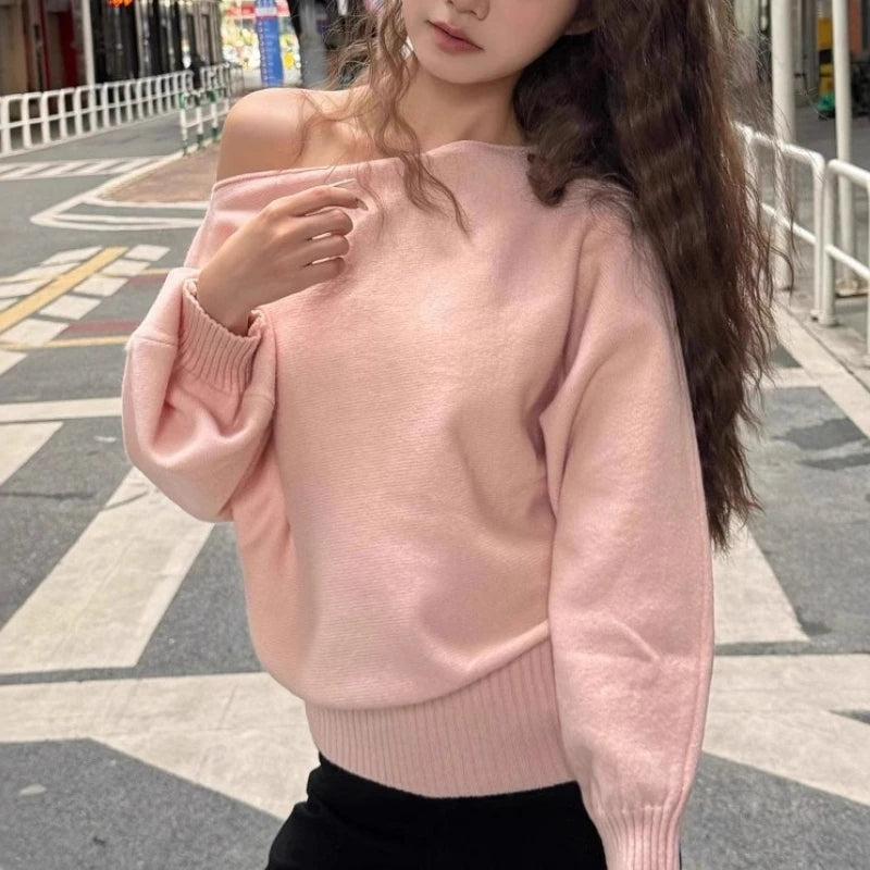 Batwing Long Sleeve Knitted Pullover Women 380g Thick Off Shoulder Top Korean Fashion Sweater Loose Casual Autumn Outwear Pull - Matrix Studios