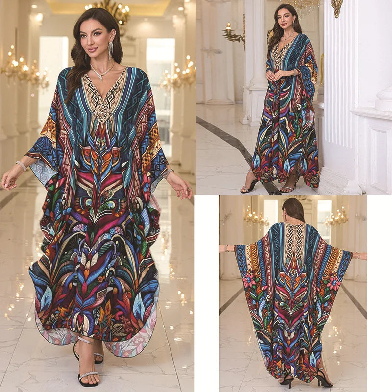 Kaftan Dresses for Women Wave Neck Swimsuit Cover Up Caftan Dress Plus Size Oversized Long Beach Dress - Matrix Studios