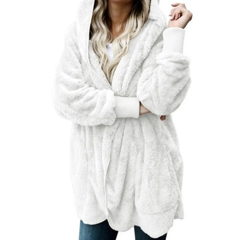 Women Autumn Winter Double-faced Fur Fleece Faux Fur Medium Style Hooded Warm Thick Coat Casual Solid Long-sleeved Fur Overcoat - Matrix Studios