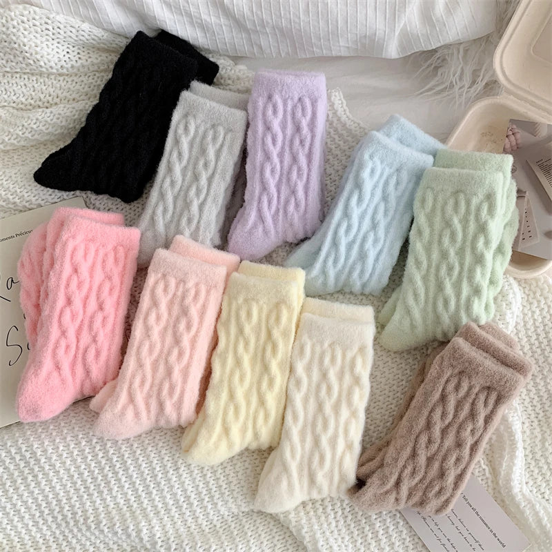 Warm Women's Socks New Winter Japanese Fashion Solid Color Fluffy Socks For Girls Home Thick Cute Floor Socks Kawaii Autumn Soft - Matrix Studios