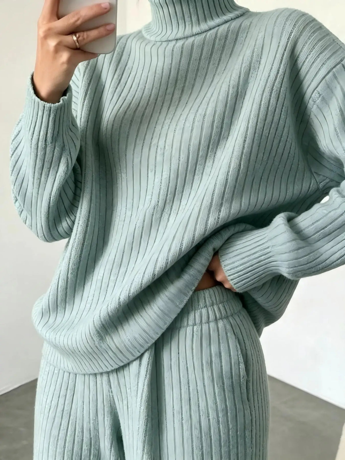 Women Turtleneck Knit 2 Piece Outfit Ribbed Long Sleeve Sweater Tops Wide Leg Pants Set Casual Loose Loungewear Tracksuit Daily Homewear