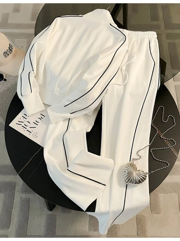 Woman's Color Blocking Sportswear Set Spring Autumn Fashion Flip Collar Zipper Coat Long Pants Two-piece Set Lady Leisure Outfit - Matrix-studios.com