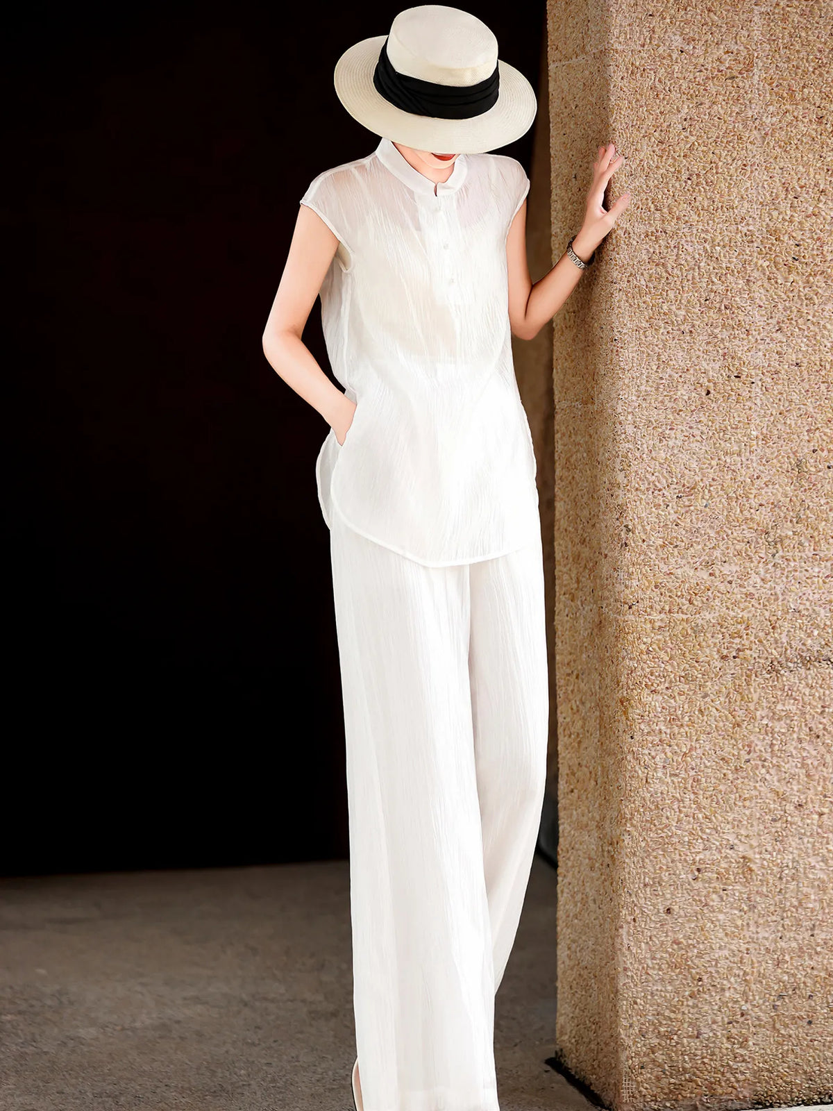 MEXCOCO New Summer Minimalist Old Money Style 2 Piece Outfit, Side Slit Top & Wide Leg Pants Matching Set for Women - Matrix-studios.com