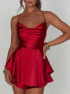Women Sleeveless Satin Playsuits Fashion Summer Short Sling Backless Jumpsuits Cross Tie-Up Bandage Romper Streetwear Outfit - Matrix Studios