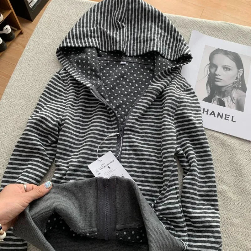 Korean Lazy Style Hooded Cardigan Fashion Vintage Gray White Striped Sweatshirts Spring Autumn Slim Fit Coat Women - Matrix Studios