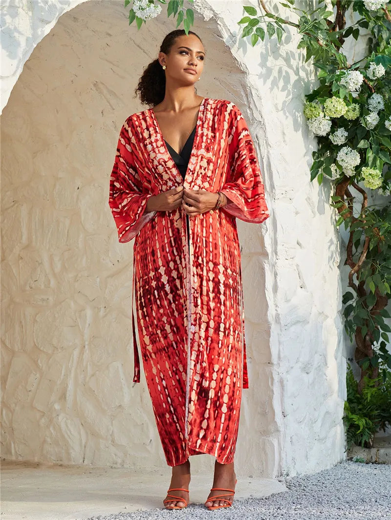 Long Kimono Swimsuit Cover up for Women Stylish Tie Dye Open Front Beach Outfits Bathing Suit - Matrix Studios