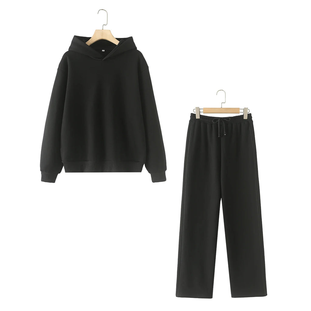 HH Women Solid Casual Sweatshirt Pant Suit Long Sleeve Hooded Fleece Pullover Coat Loose Straight Trousers Office Lady Sets - Matrix-studios.com