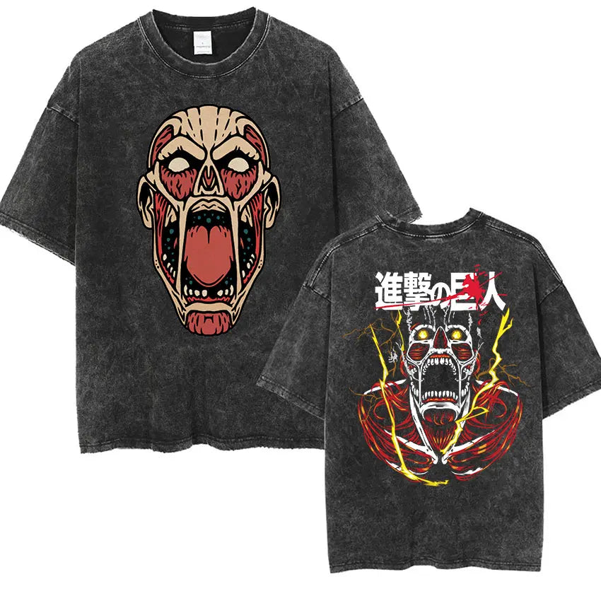 Anime Attack on Titan Vintage Washed Print T-shirt Mikasa Ackerman Eren Jaeger Wings of Freedom Logo Mens Summer Cotton T-shirts - Matrix Studios