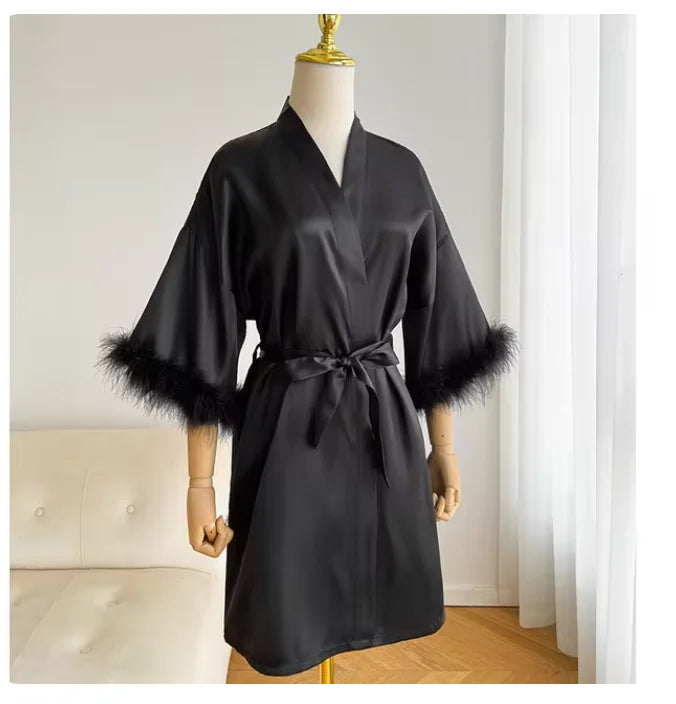 White Bride Wedding Robe with Feathers Women Satin Peignoir Sexy Bridesmids Kimono Gowns Short Bathrobe Bridal Intimate Lingerie - Matrix-studios.com