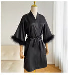 White Bride Wedding Robe with Feathers Women Satin Peignoir Sexy Bridesmids Kimono Gowns Short Bathrobe Bridal Intimate Lingerie - Matrix-studios.com